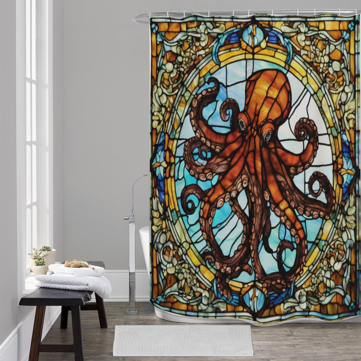 Stained Glass Octopus Shower Curtain – Nautical Bathroom Decor, Marine Art Nouveau Ocean Theme, Coas
