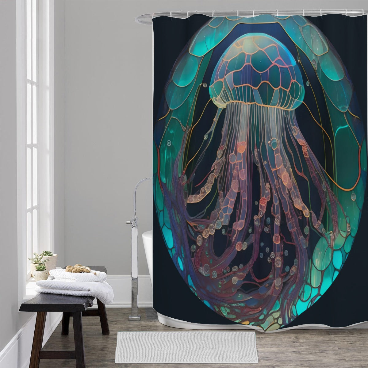 Bioluminescent Jellyfish Shower Curtain – Teal & Aqua Ocean Bathroom Decor, Coastal/Nautical Sea Lif