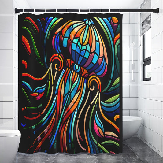 Stained Glass Jellyfish Shower Curtain (Black) – Vibrant Neon Coastal Bathroom Decor, Tiffany-Style