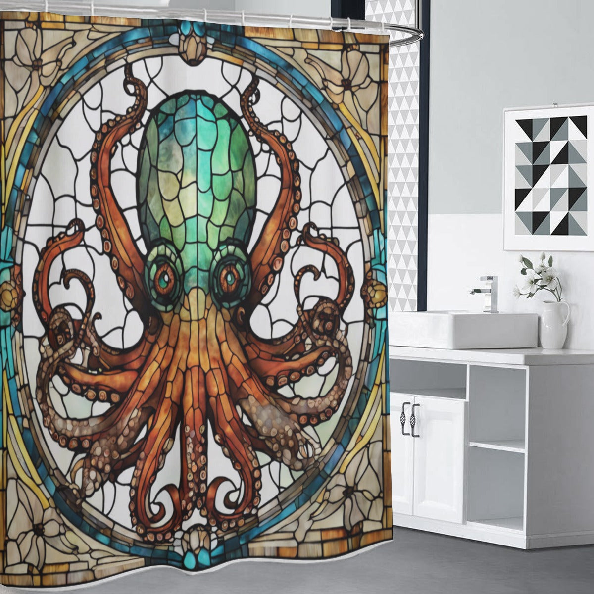 Stained Glass Octopus Shower Curtain – Coastal Nautical Bathroom Decor, Tiffany-Style Marine Art, Te