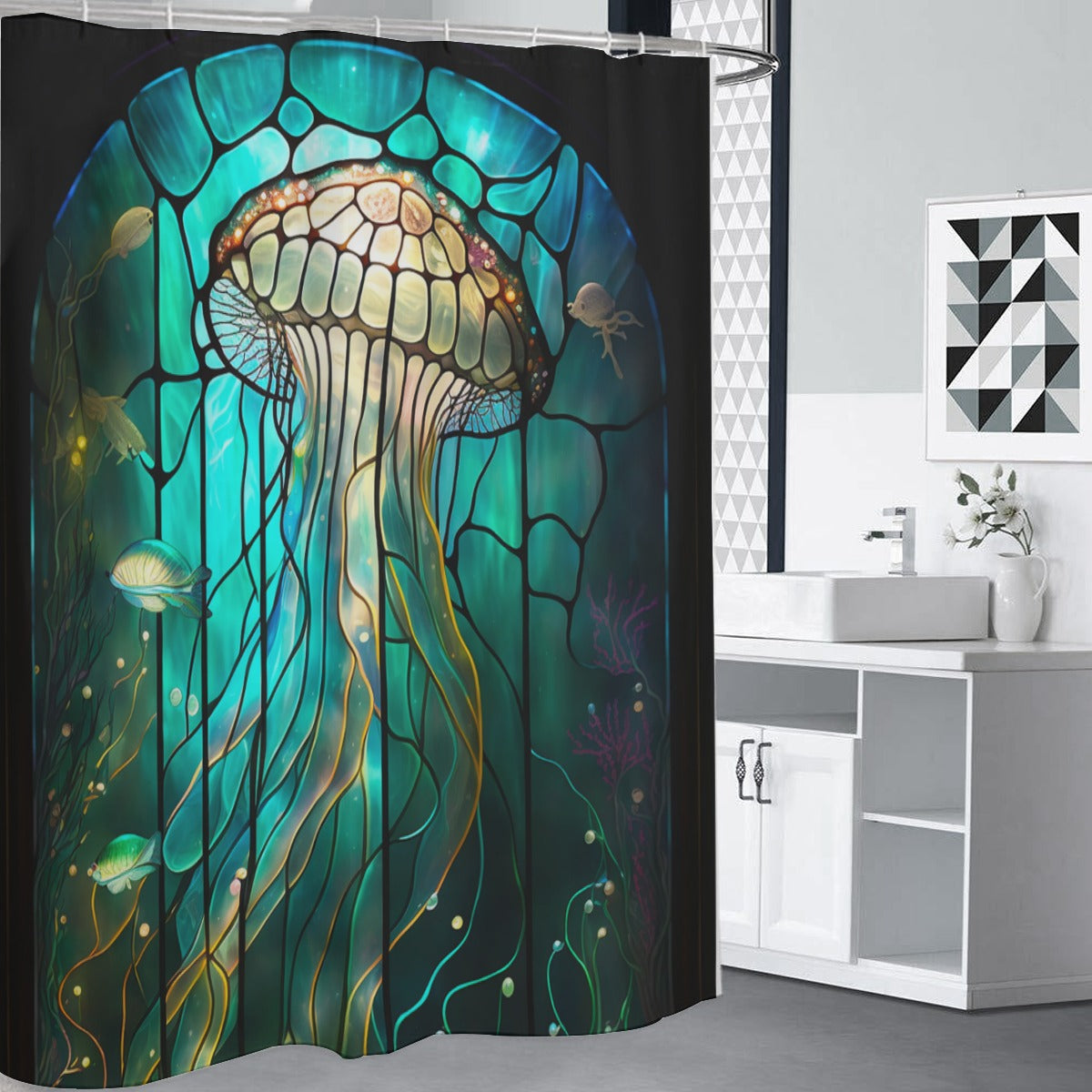 Stained Glass Ocean Sunset Shower Curtain – Art Nouveau Beach Waves Bathroom Decor, Colorful Coastal