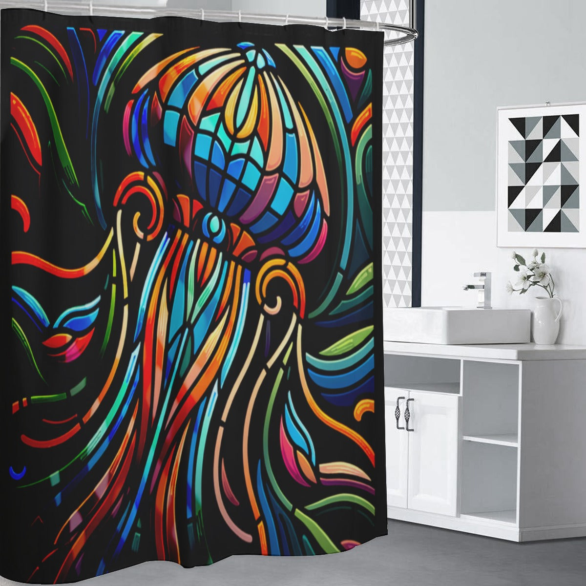 Stained Glass Jellyfish Shower Curtain (Black) – Vibrant Neon Coastal Bathroom Decor, Tiffany-Style