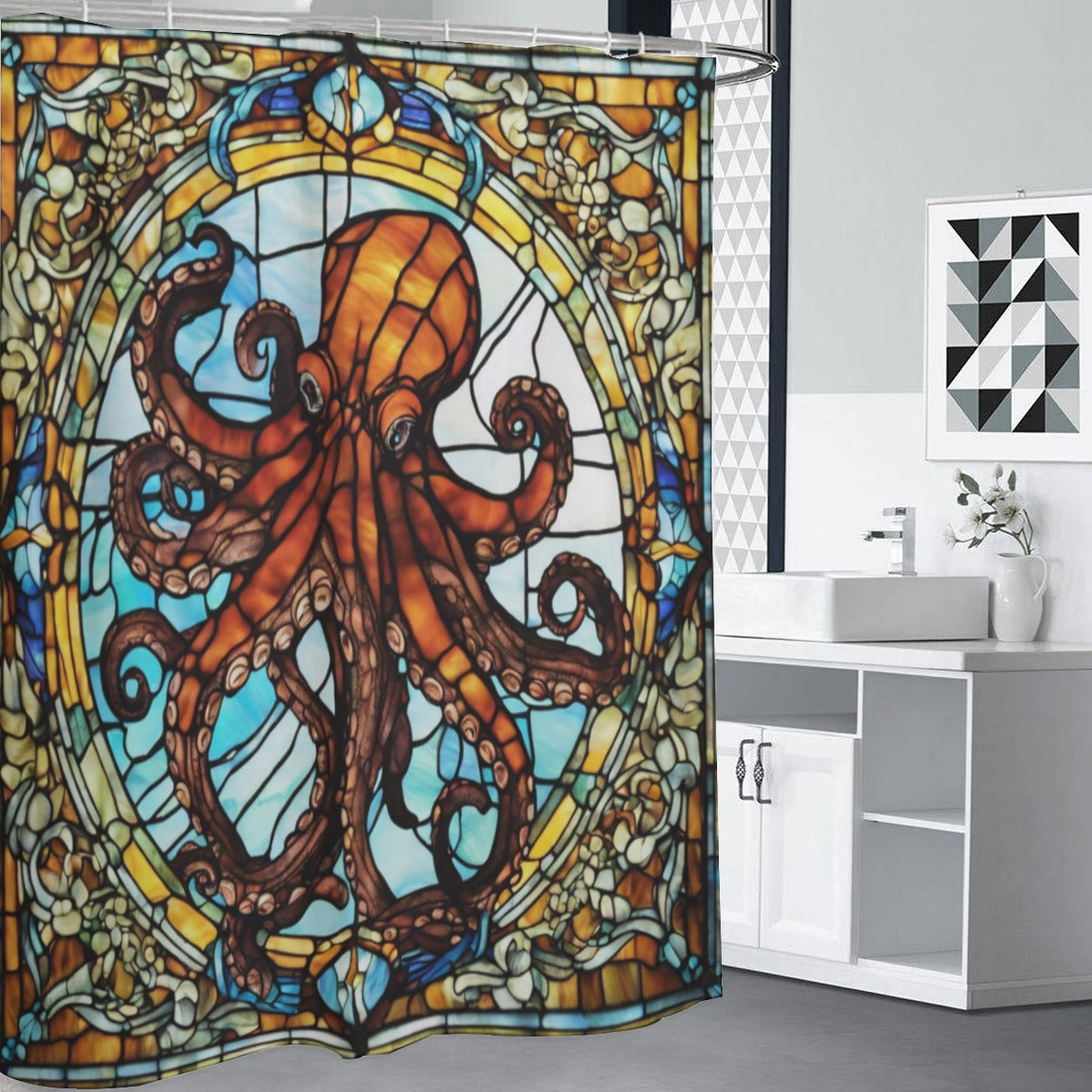Stained Glass Octopus Shower Curtain – Nautical Bathroom Decor, Marine Art Nouveau Ocean Theme, Coas