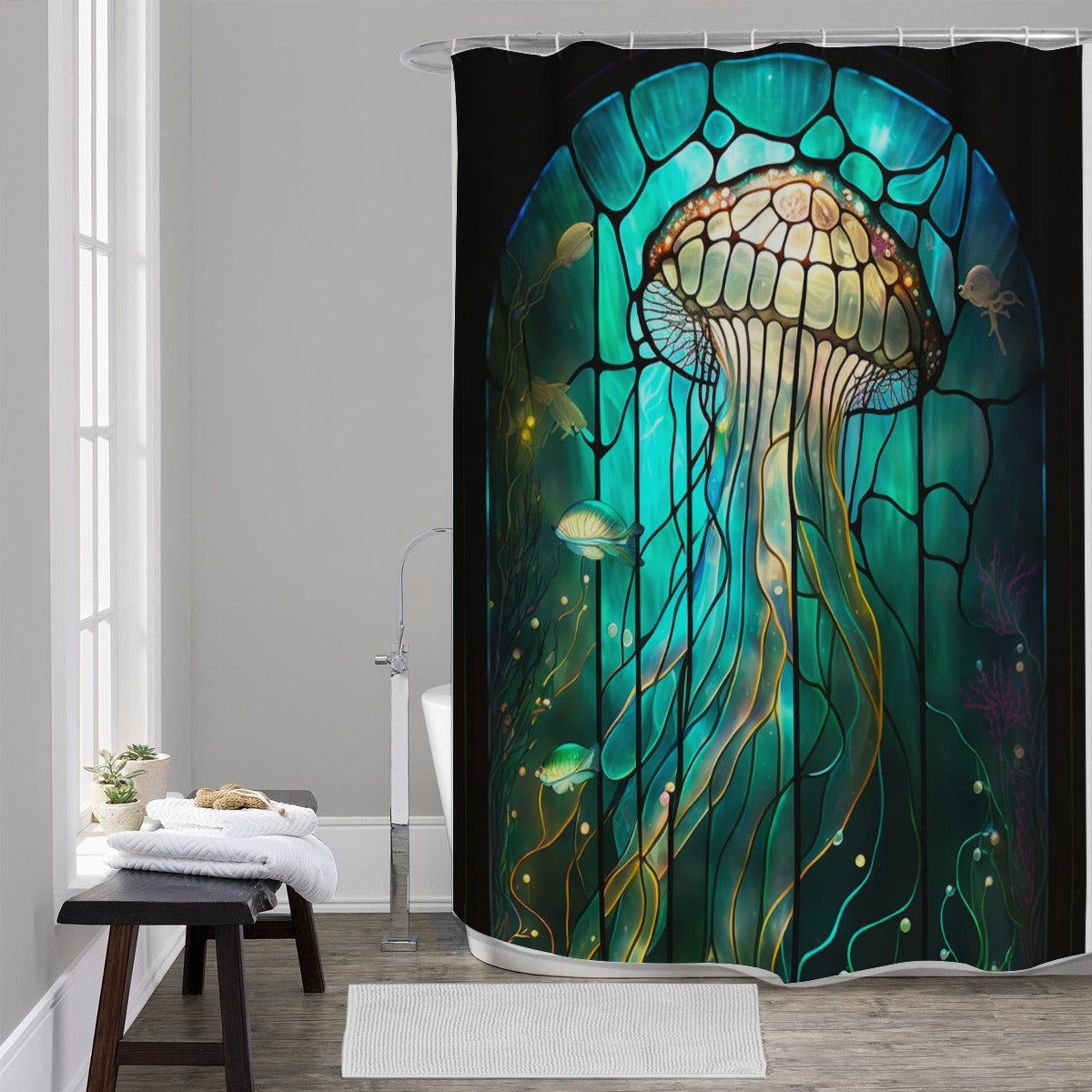 Stained Glass Ocean Sunset Shower Curtain – Art Nouveau Beach Waves Bathroom Decor, Colorful Coastal