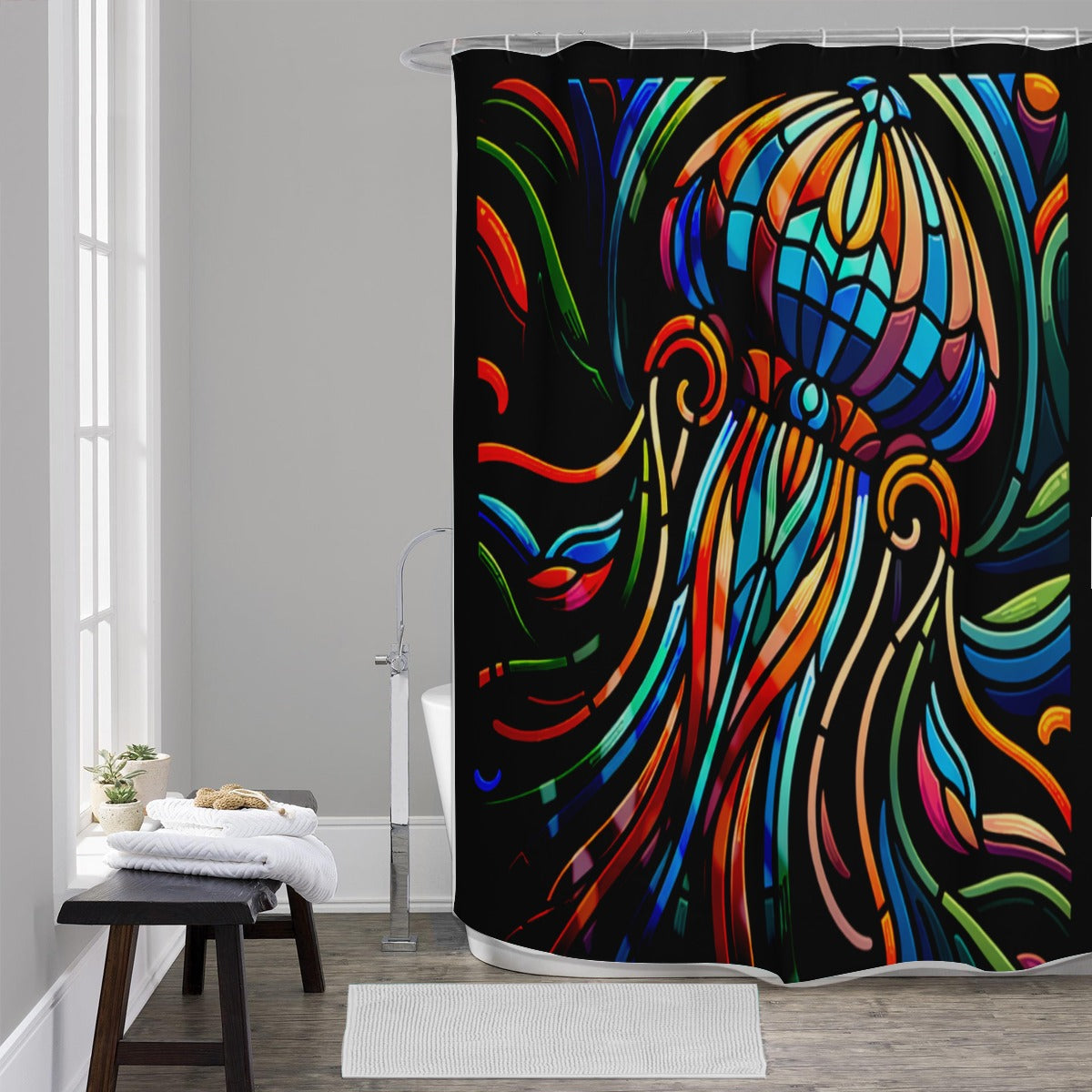 Stained Glass Jellyfish Shower Curtain (Black) – Vibrant Neon Coastal Bathroom Decor, Tiffany-Style