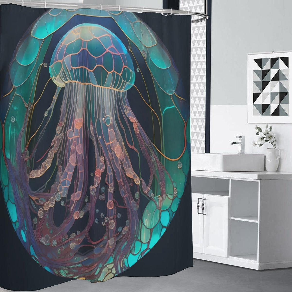 Bioluminescent Jellyfish Shower Curtain – Teal & Aqua Ocean Bathroom Decor, Coastal/Nautical Sea Lif