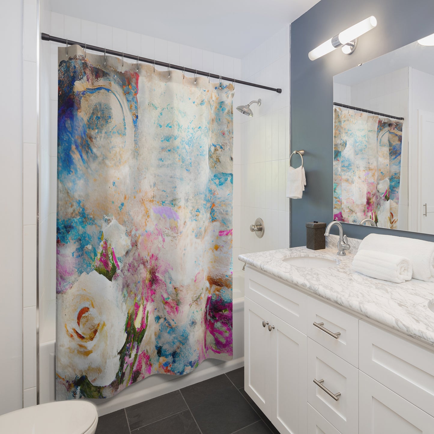 Shabby Chic - Blue Floral - Shower Curtain - Home Decor, Bathroom Decor 71" x 74"