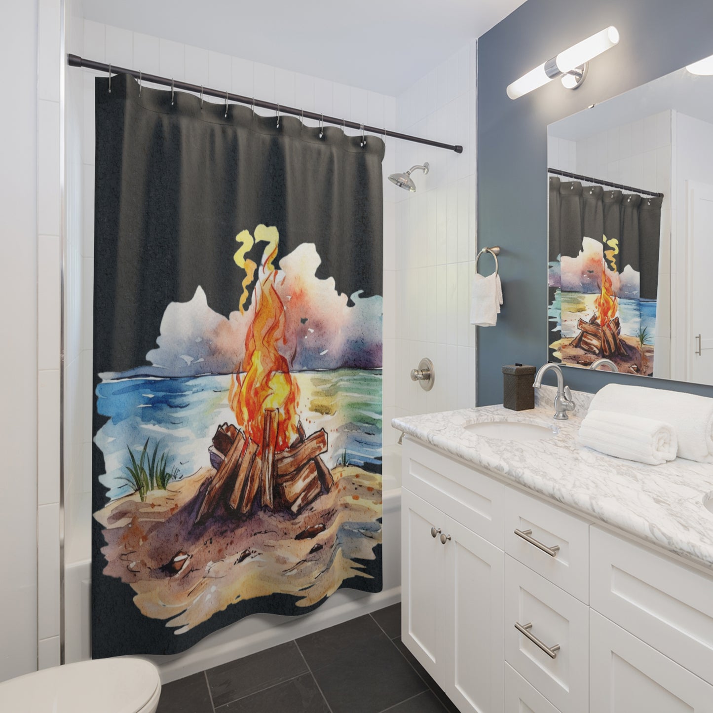 Beach Coastal Campfire - Shower Curtain - Home Decor, Bathroom Decor 71" x 74"