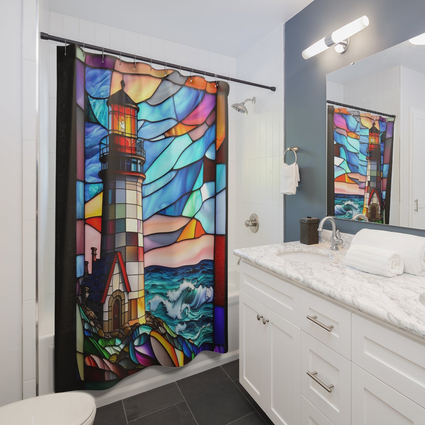 Stained Glass - Lighthouse - Shower Curtain - Home Decor, Bathroom Decor 71"  x 74"