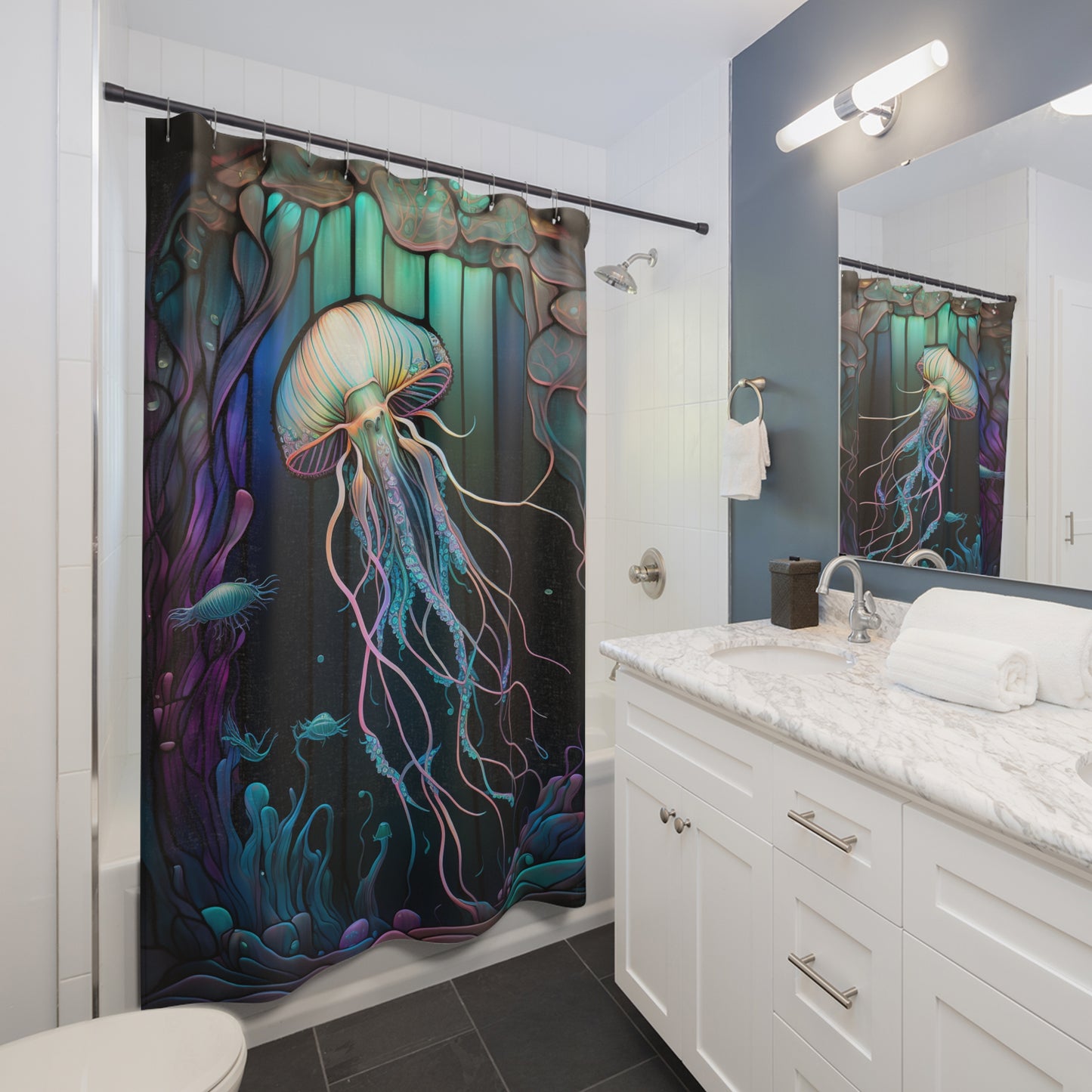 Stained Glass Jellyfish - SHOWER CURTIAIN - Home Decor, Bathroom Decor, Housewarming Gift, Aquatic