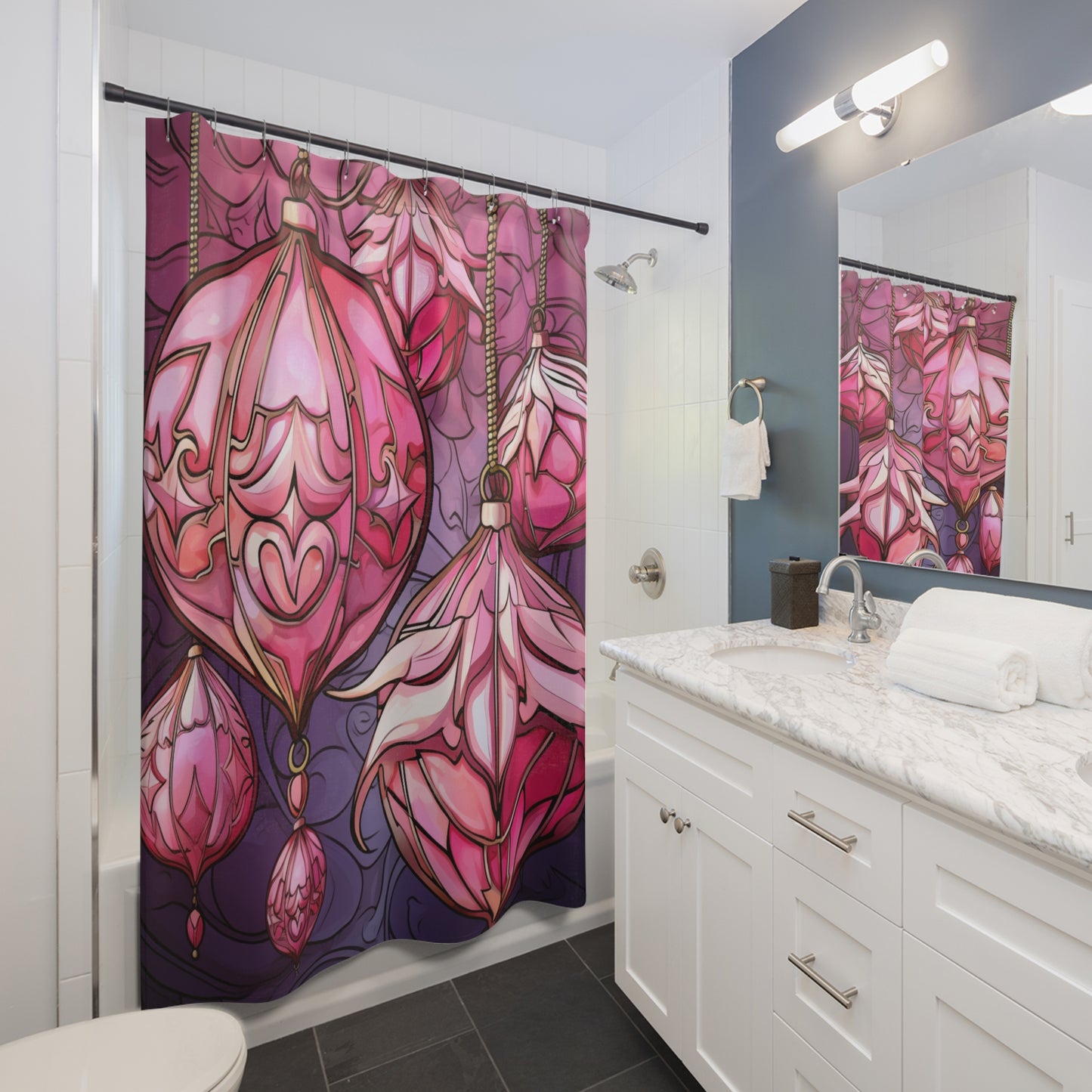 CHRISTMAS Stained Glass - Pink Ornaments - SHOWER CURTAIN - Home Decor, Bathroom Decor, Holiday Decor 71x74"