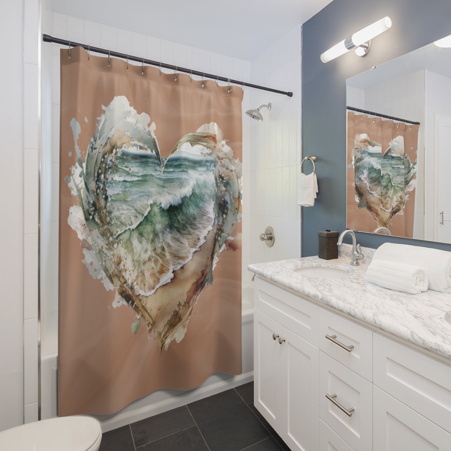 Rustic Heart Frame Coast Beach Waves Crashing - Shower Curtain - Home Decor, Bathroom Decor 71"  x 74"