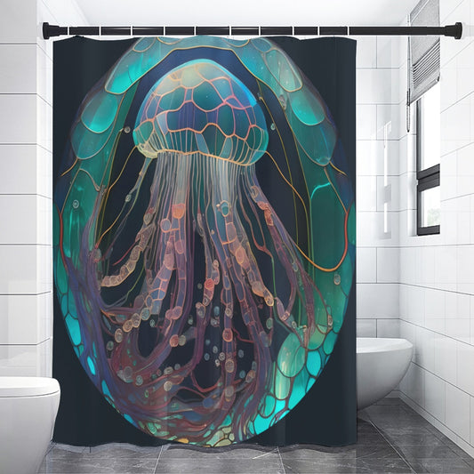 Bioluminescent Jellyfish Shower Curtain – Teal & Aqua Ocean Bathroom Decor, Coastal/Nautical Sea Lif