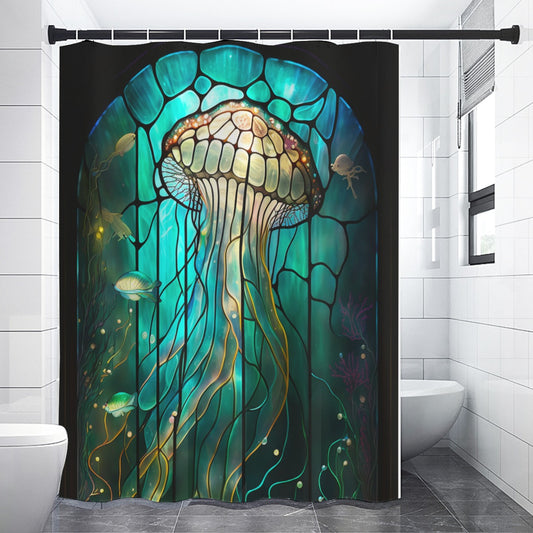 Stained Glass Ocean Sunset Shower Curtain – Art Nouveau Beach Waves Bathroom Decor, Colorful Coastal