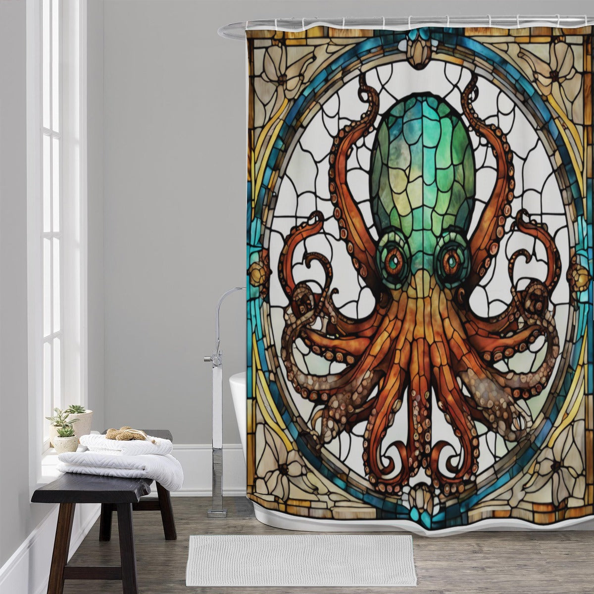 Stained Glass Octopus Shower Curtain – Coastal Nautical Bathroom Decor, Tiffany-Style Marine Art, Te