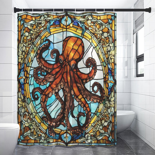 Stained Glass Octopus Shower Curtain – Nautical Bathroom Decor, Marine Art Nouveau Ocean Theme, Coas