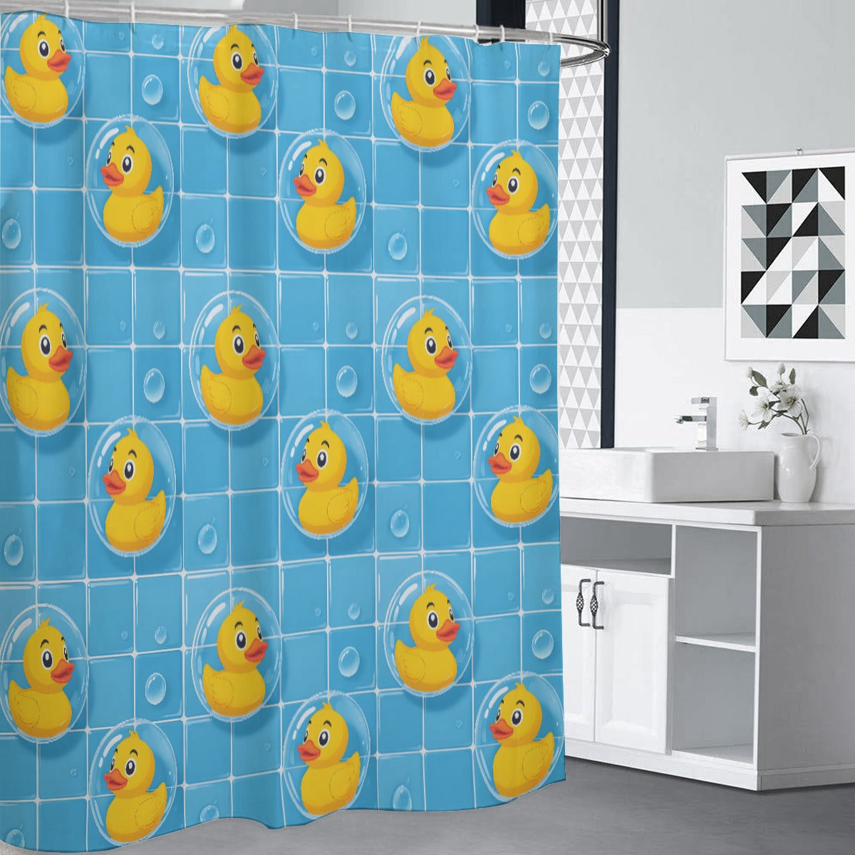 Rubber Duck Shower Curtain – Cute Blue Bubble Tile Pattern, Kids/Baby Bathroom Décor, Waterproof Mac