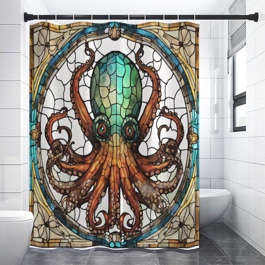Stained Glass Octopus Shower Curtain – Coastal Nautical Bathroom Decor, Tiffany-Style Marine Art, Te