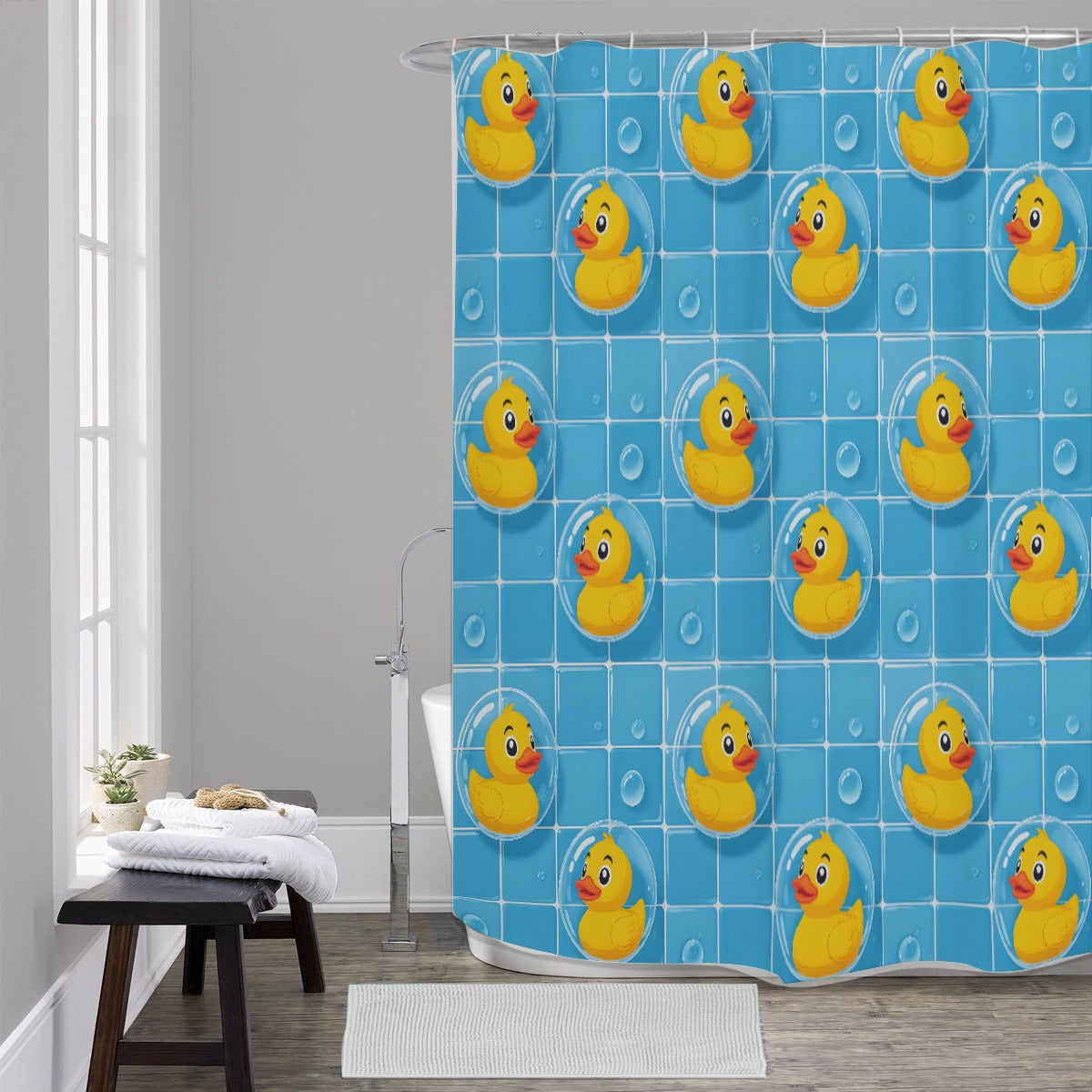 Rubber Duck Shower Curtain – Cute Blue Bubble Tile Pattern, Kids/Baby Bathroom Décor, Waterproof Mac