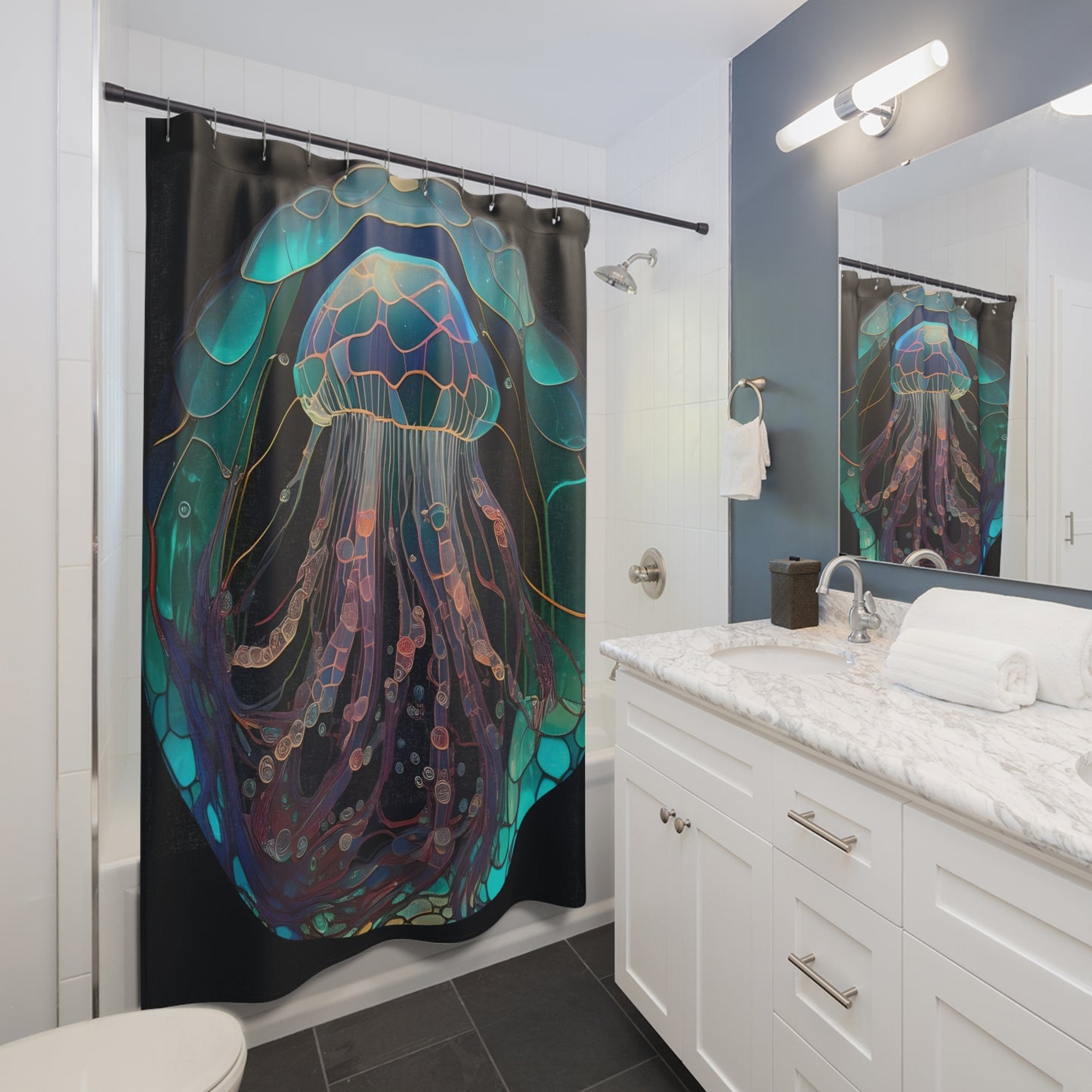 Stained Glass Jellyfish - SHOWER CURTAIN - Home Decor, Bathroom Decor, Aquatic, Jellyfish, Shower