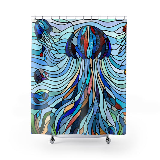 Stained Glass - Jellyfish - SHOWER CURTAIN - Home Decor, Bathroom Decor, Aquatic 71x74"