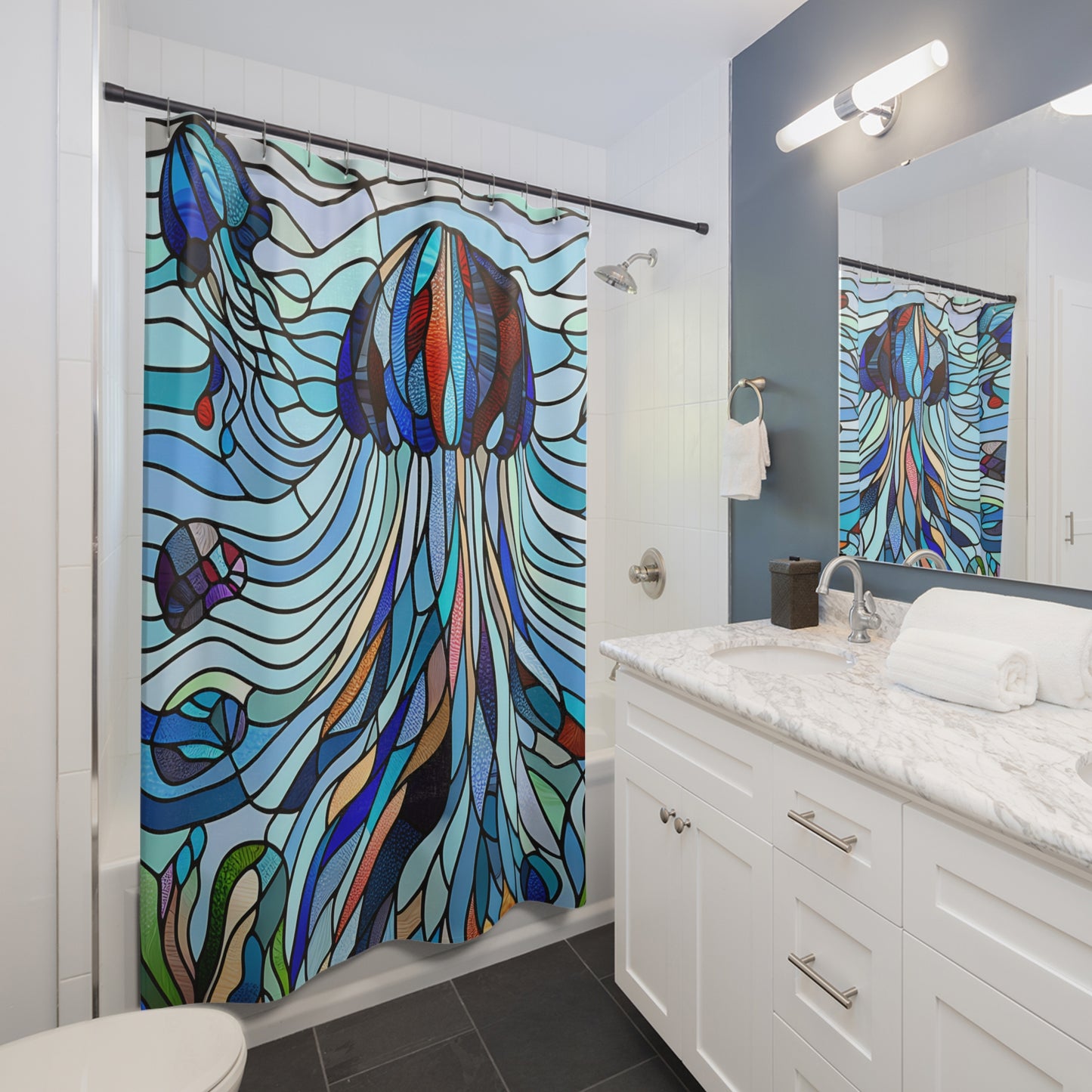 Stained Glass - Jellyfish - SHOWER CURTAIN - Home Decor, Bathroom Decor, Aquatic 71x74"