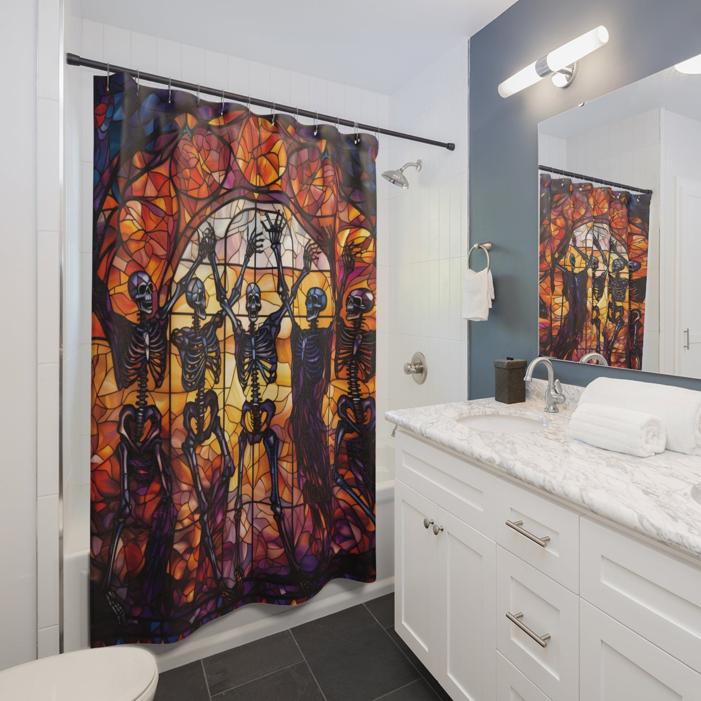 Halloween - Stained Glass Skeleton Party -  SHOWER CURTAIN - Home Decor, Bathroom Decor, Holiday Decor 71x74"