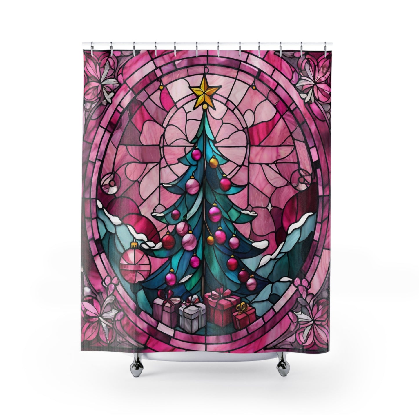PINK Stained Glass Christmas Holiday Decor - SHOWER CURTAIN - 71" x 74"
