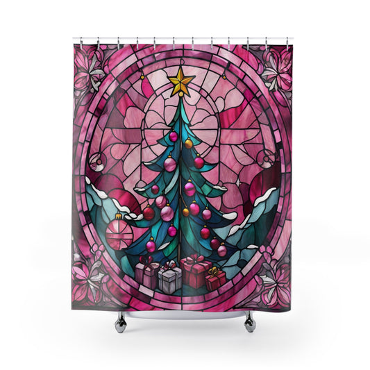 PINK Stained Glass Christmas Holiday Decor - SHOWER CURTAIN - 71" x 74"