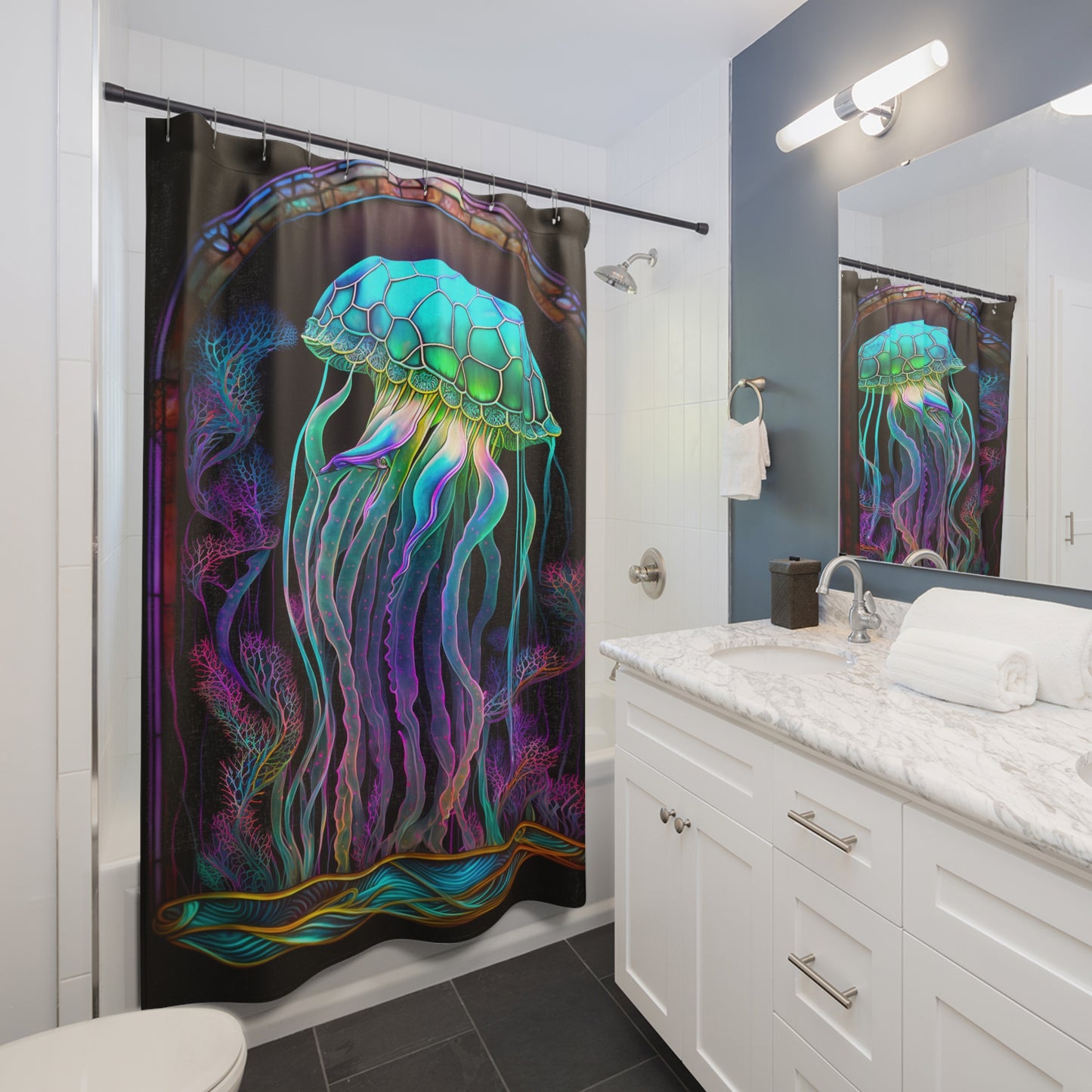 Stained Glass Jellyfish - SHOWER CURTIAIN - Home Decor, Bathroom Decor, Housewarming Gift, Aquatic