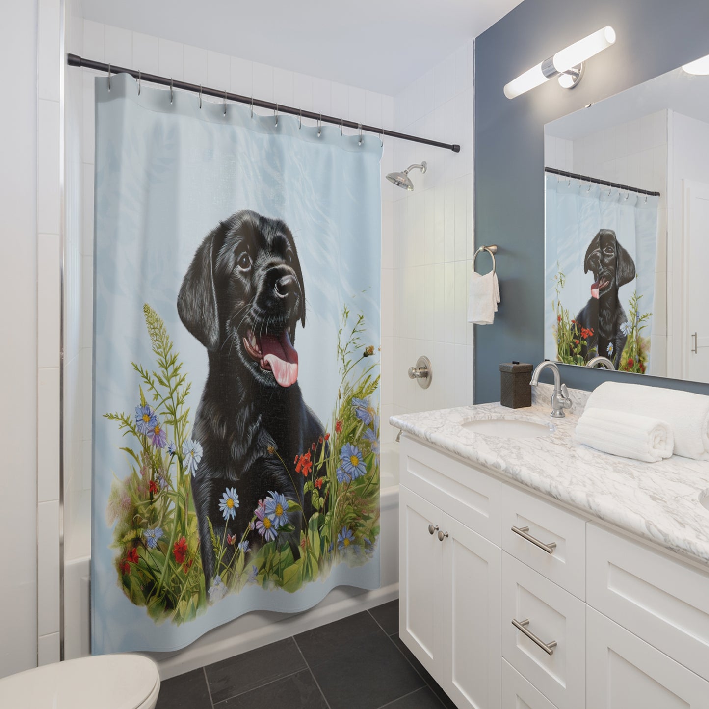 Sitting Happy Black Lab Flowers Field - Shower Curtain - Home Decor, Bathroom Decor 71"  x 74"
