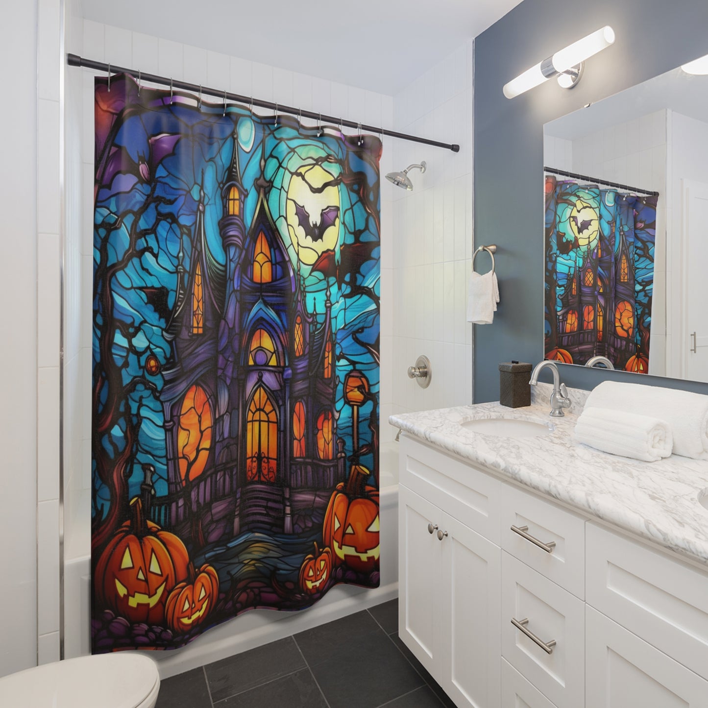 Halloween Pumpkin Castle Bats - SHOWER CURTAIN - Home Decor, Bathroom Decor, Holiday Decor 71x74"