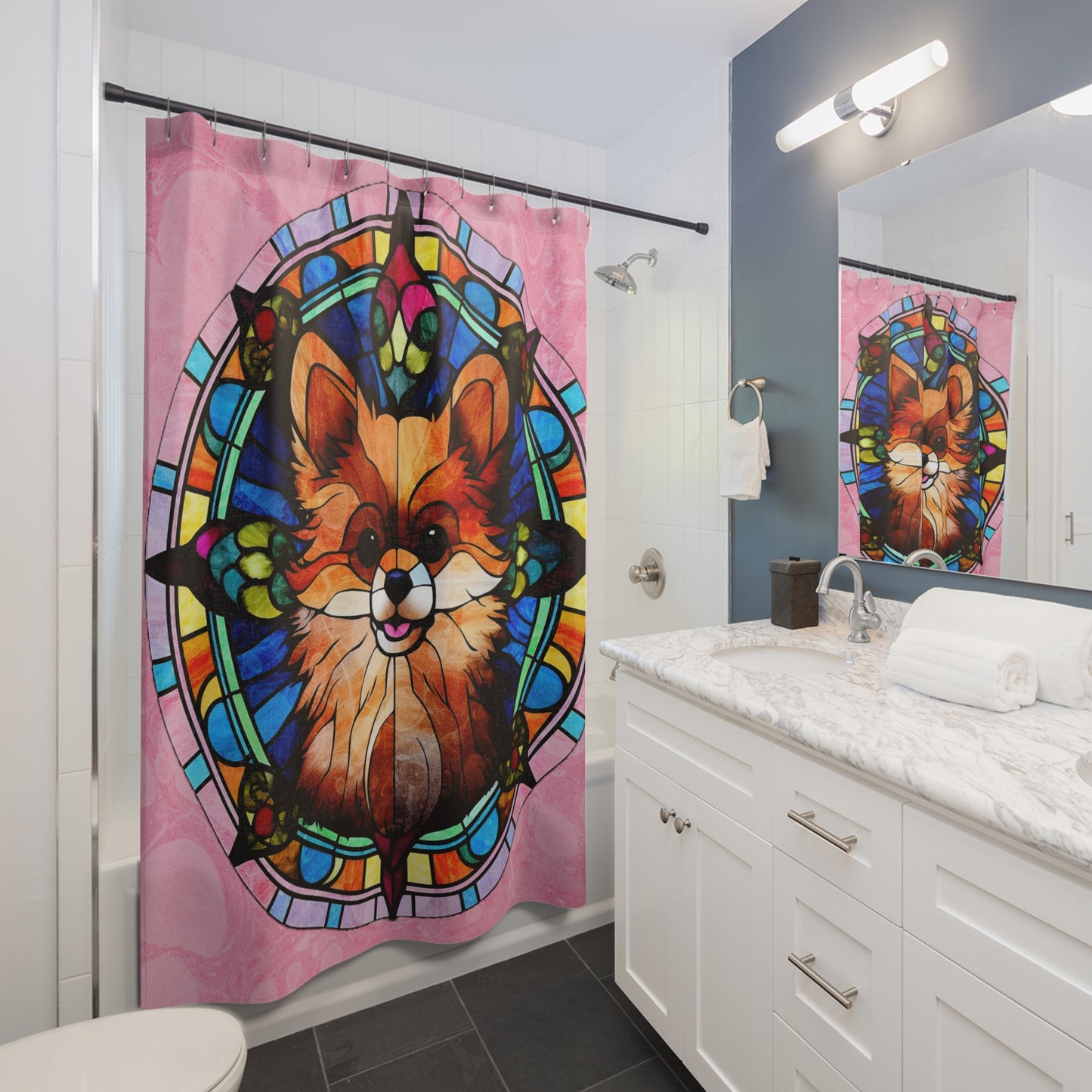 Stained Glass - Pomeranian Puppy  - Shower Curtain - Home Decor, Bathroom Decor 71"  x 74"