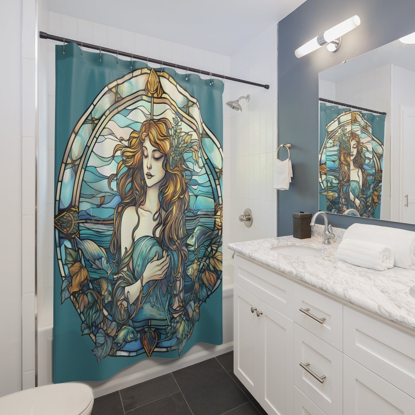Stained Glass Mermaid Shower Curtain - Home Decor, Bathroom Decor