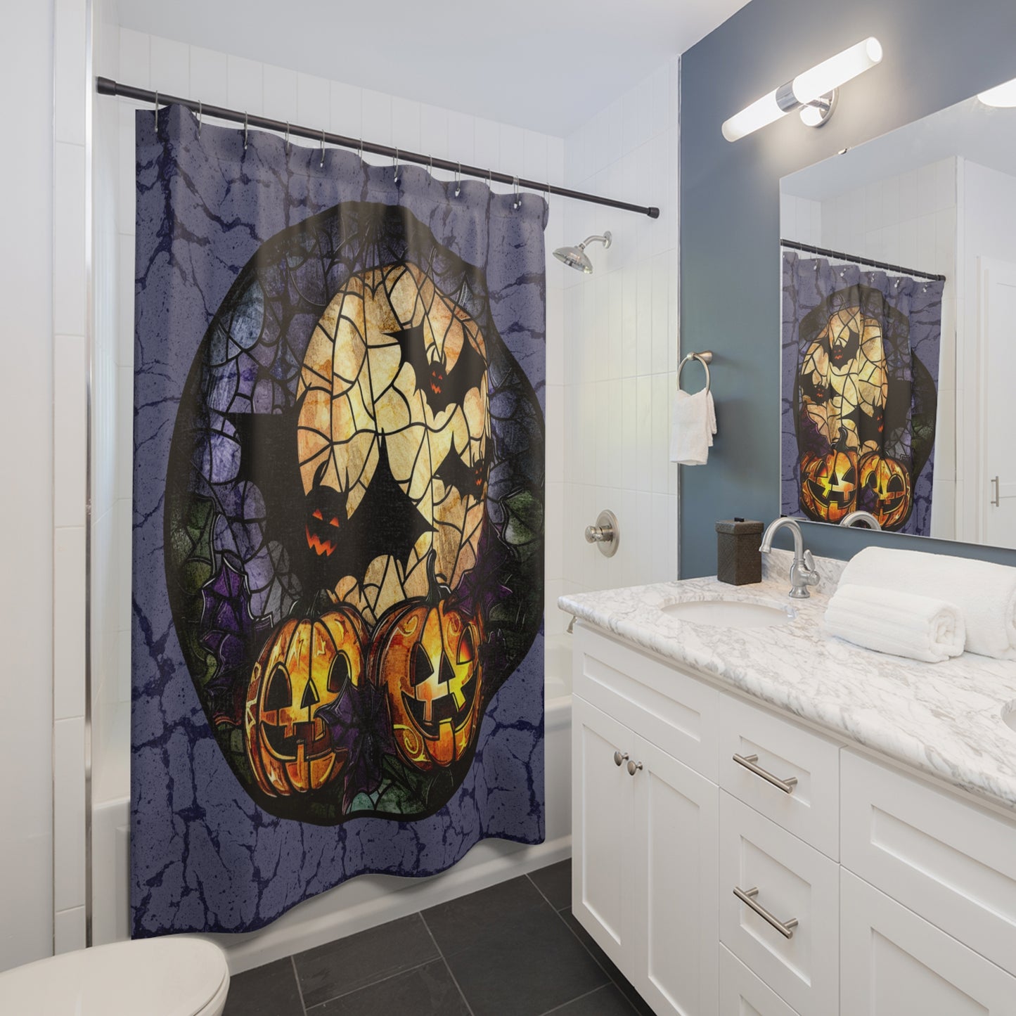 Halloween - Bats Pumpkins SHOWER CURTAIN - Home Decor, Bathroom Decor, Holiday Decor 71x74"