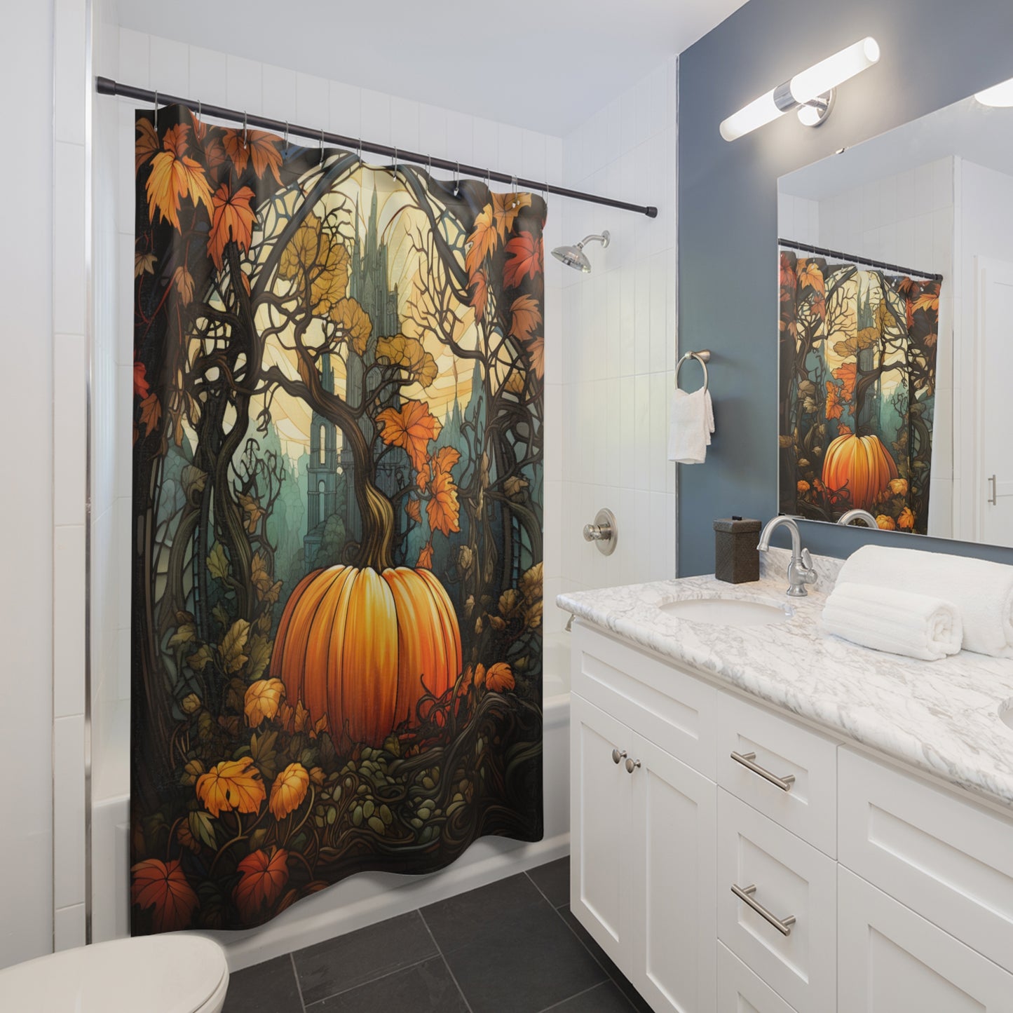 Fall Halloween Pumpkin Castle - SHOWER CURTAIN - Home Decor, Bathroom Decor, Holiday Decor 71x74"