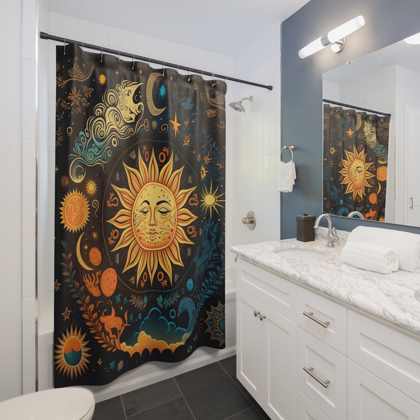 Celestial - Sun and Moon - Shower Curtain - Home Decor, Bathroom Decor 71"  x 74"