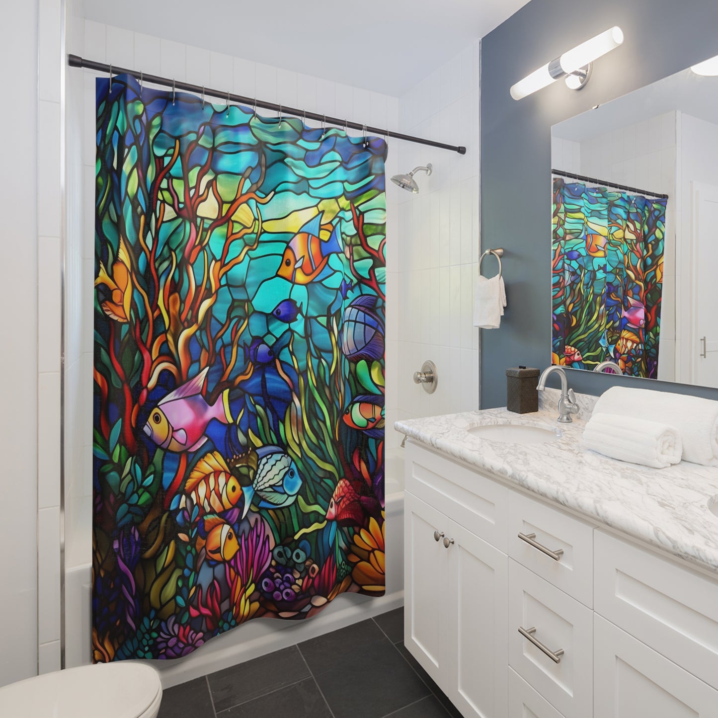 Stained Glass Under-the-Sea Shower Curtain - Home Decor, Bathroom Decor, Aquatic