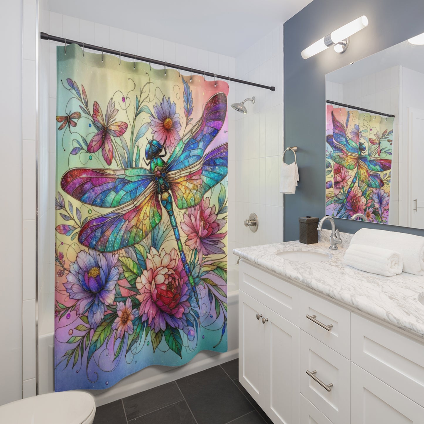 Stained Glass Dragonfly - SHOWER CURTAIN - Home Decor, Bathroom Decor, Shower, Dragon Fly