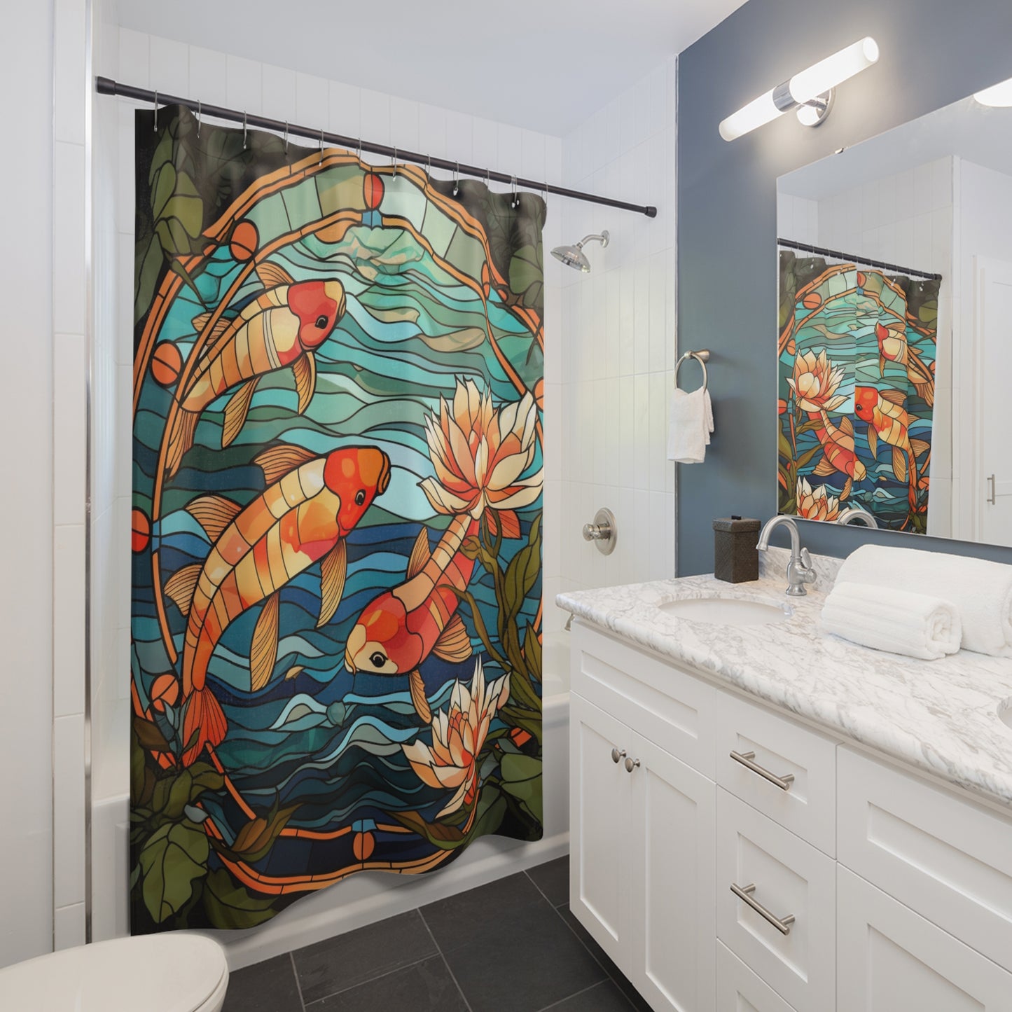 Stained Glass Koi - SHOWER CURTAIN - Home Decor, Bathroom Decor, Koi Fish, Koi, Koi Pond