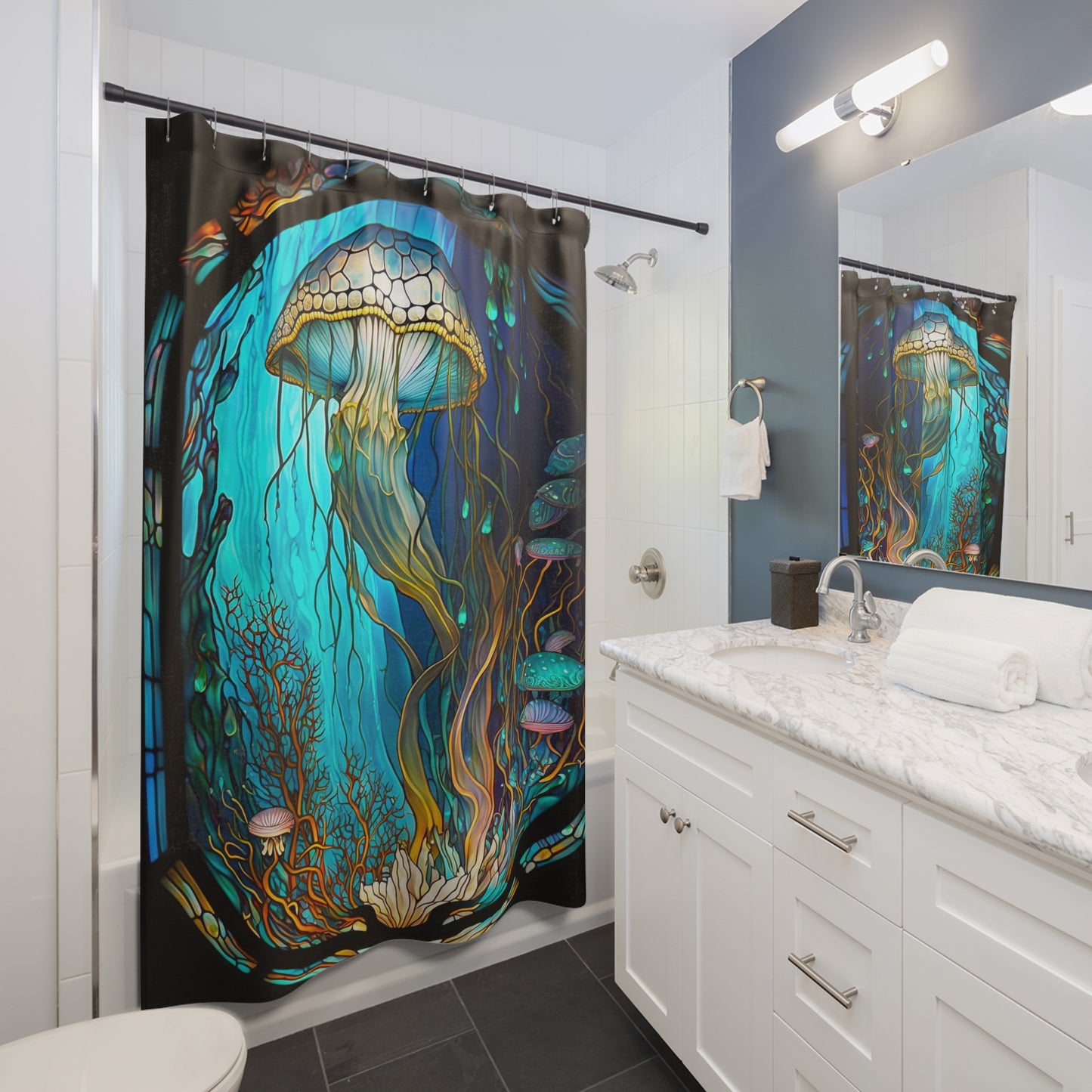 Stained Glass Jellyfish - SHOWER CURTIAIN - Home Decor, Bathroom Decor, Housewarming Gift, Aquatic