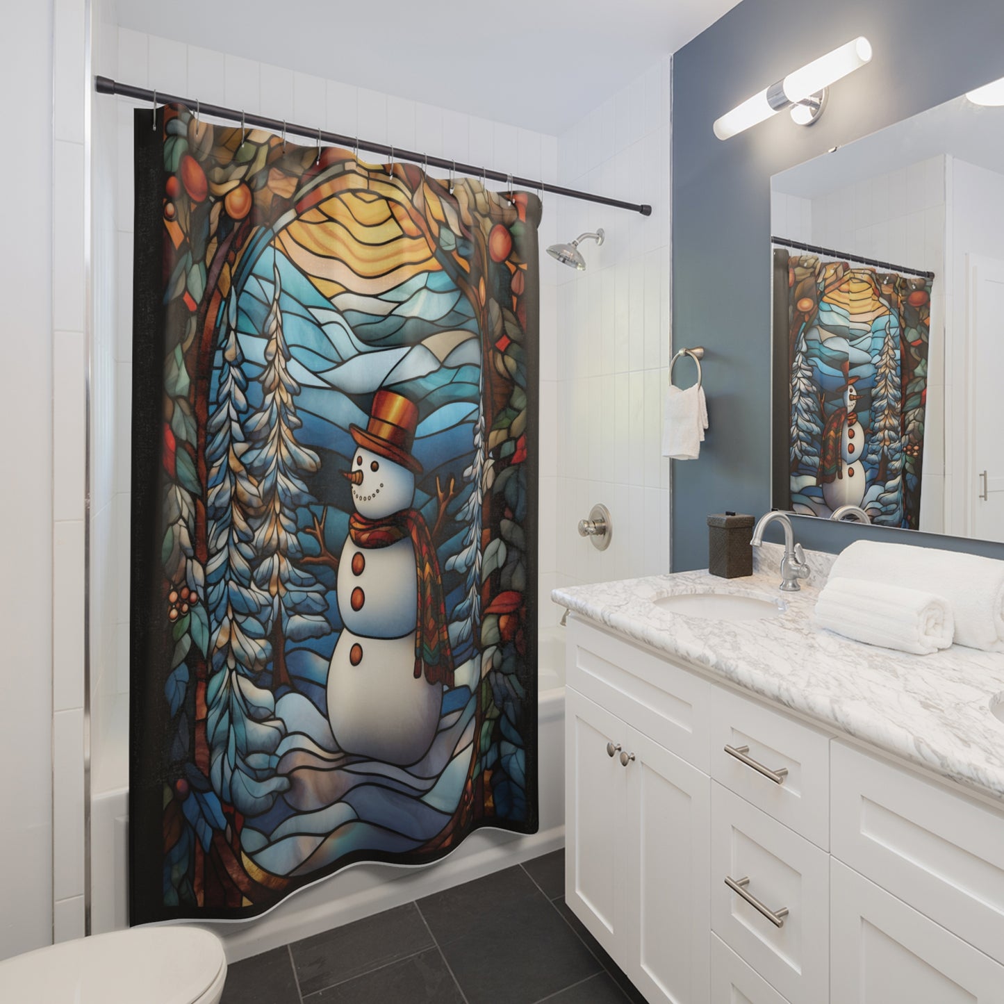 Christmas Winter Decor, Stained Glass Snowman SHOWER CURTAIN - 71" x 74"