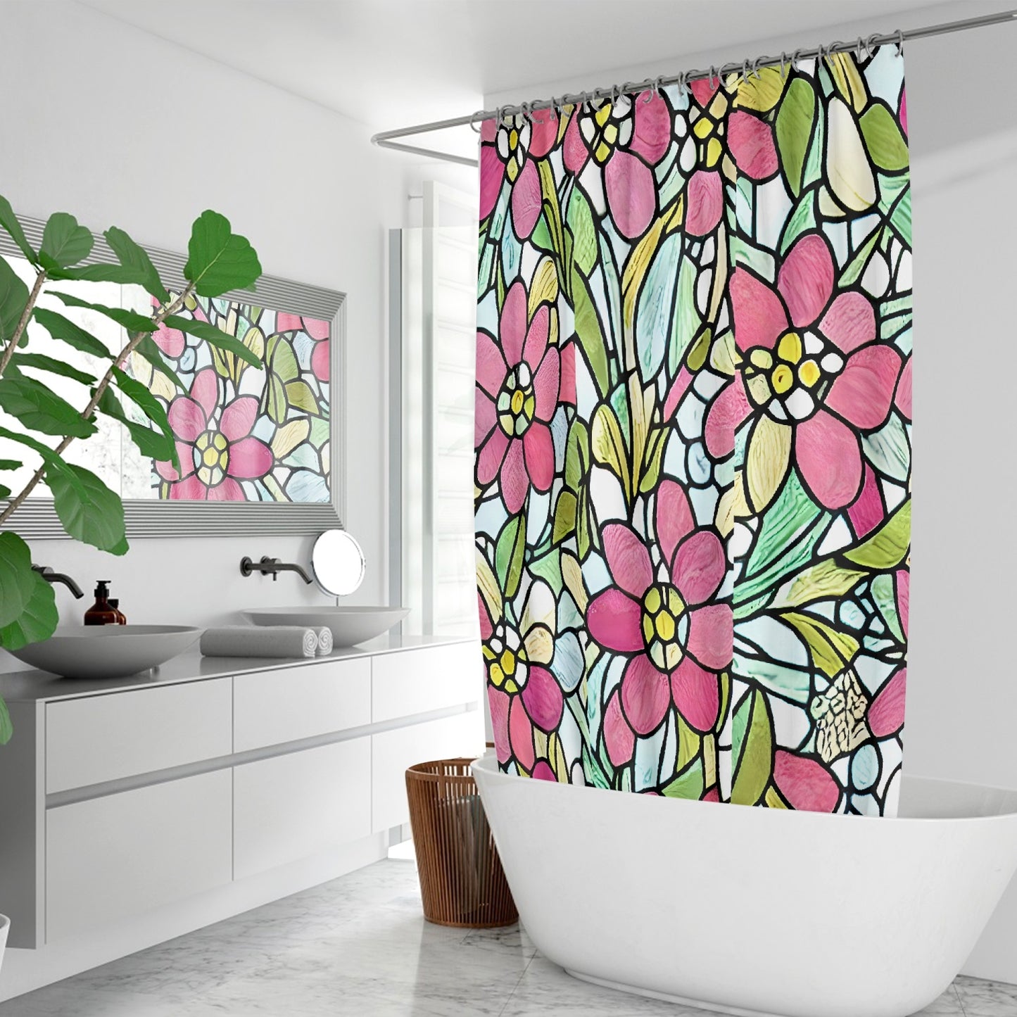 SHOWER CURTAIN - Stained Glass Flowers Quick-drying Shower Curtain