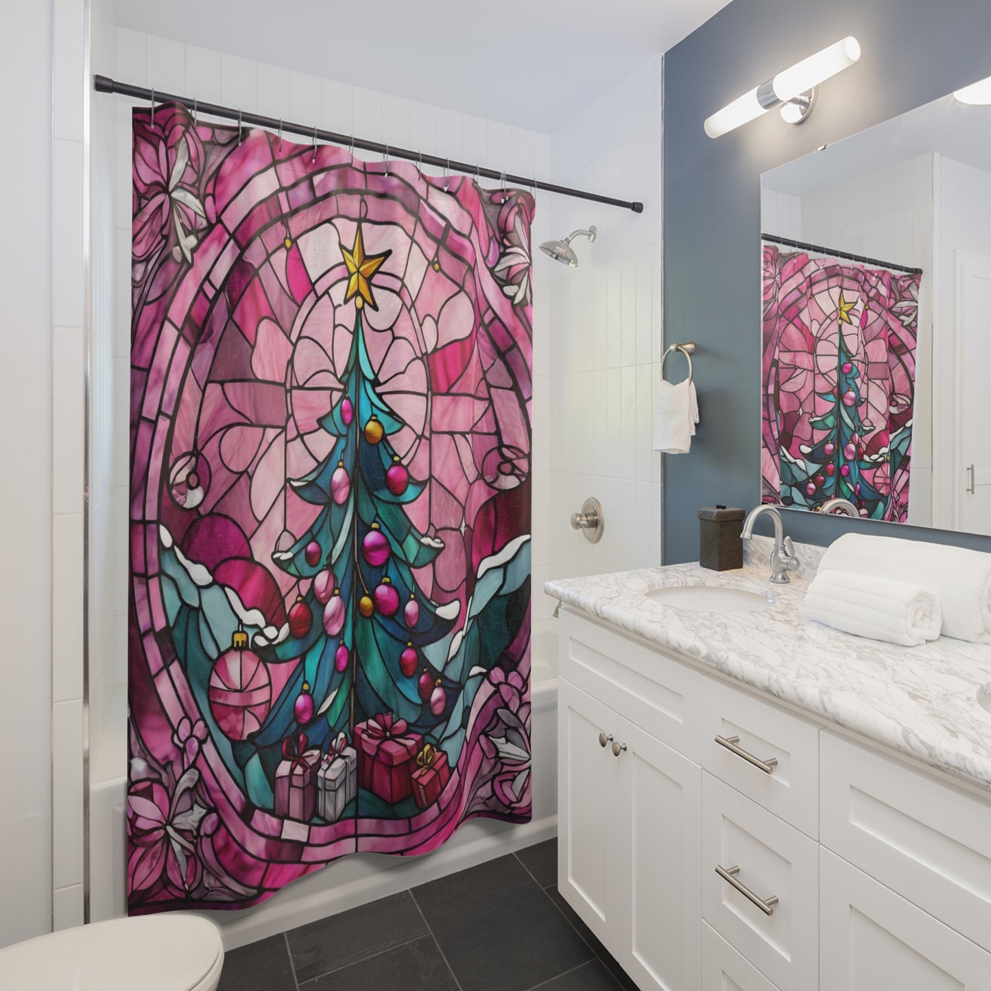 PINK Stained Glass Christmas Holiday Decor - SHOWER CURTAIN - 71" x 74"