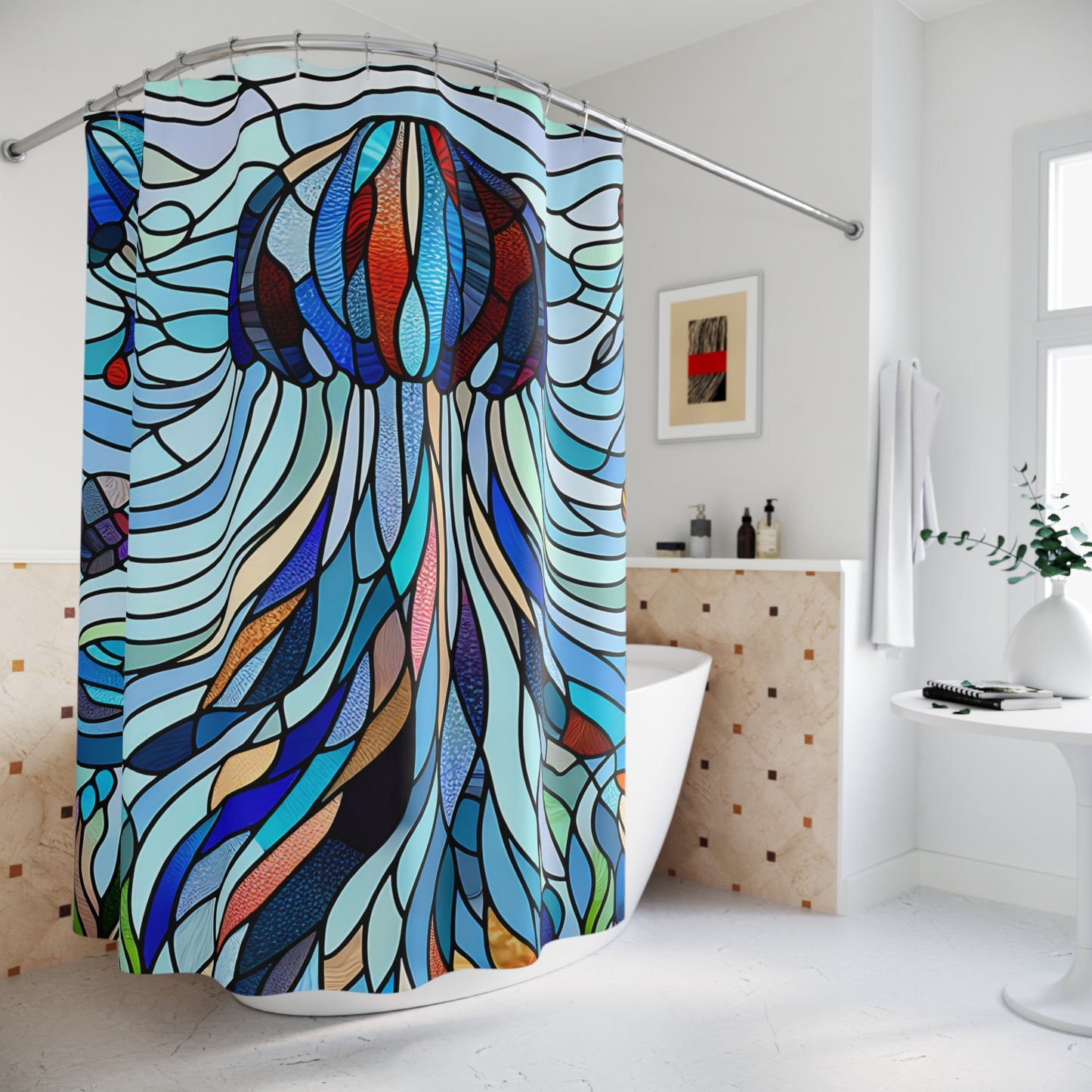 Stained Glass - Jellyfish - SHOWER CURTAIN - Home Decor, Bathroom Decor, Aquatic 71x74"