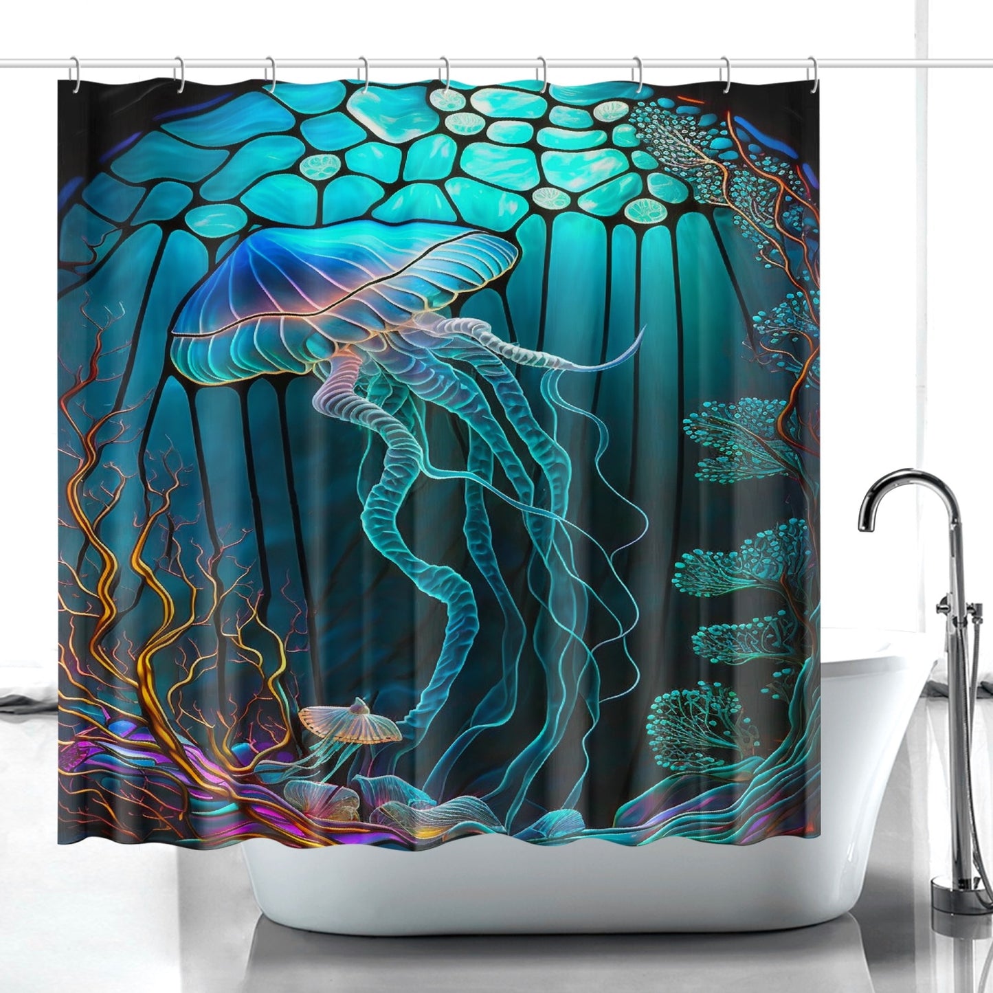 STAINED GLASS - Jellyfish Polyester Quick-Dry Shower Curtain