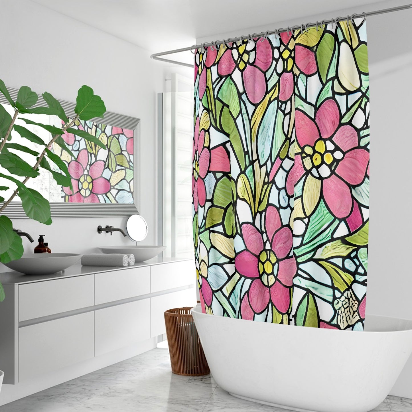 SHOWER CURTAIN - Stained Glass Flowers Quick-drying Shower Curtain